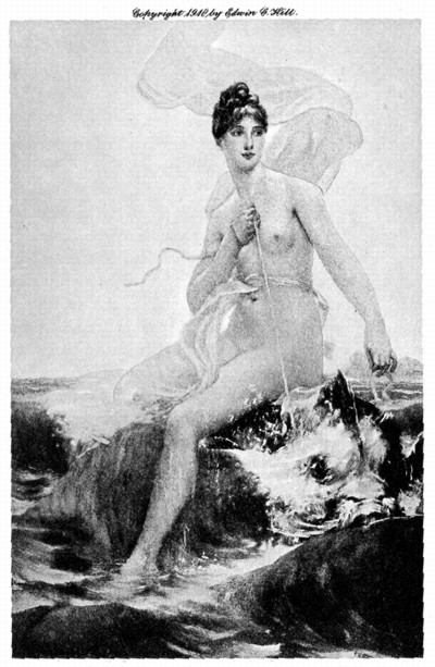 A woman with dark, curly hair tied up is seated on a large, partially submerged wolf in turbulent water. She is nude except for a translucent cloth draped around her waist, flowing in the wind behind her. The woman holds reins attached to the wolf's head, which is slightly raised and appears partially asleep or unconscious. The background shows a rough sea with waves, and the image's top includes a copyright notice dated 1910 by Edwin G. Hill.