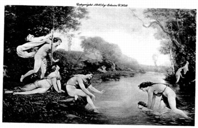 A black and white classical painting showing several nude figures near a body of water, set in a natural, wooded landscape. Four figures are positioned on the left shore, with one figure appearing to jump or fly, holding onto a rope. Two additional figures are either entering or standing in the water to the right. The scene conveys a sense of motion and interaction among the figures in an outdoor setting.