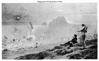 A grayscale illustration depicts a coastal scene with rocky shores in the foreground. A man sits on the edge of a rock formation, accompanied by a woman standing beside him, both looking out toward the sea. The water is populated with numerous nude figures, some swimming and others rising out of the water, with one figure prominently elevated above the rest. In the background, a large, rocky island or cliff formation rises from the sea, under a cloudy sky. The overall atmosphere is ethereal and dreamlike.