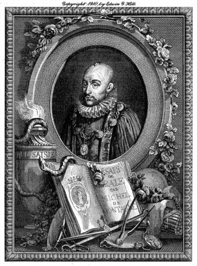 Engraved portrait of Michel de Montaigne within an oval frame decorated with floral garlands. Montaigne is depicted with a receding hairline, wearing a ruffled collar and a medallion around his neck. Surrounding the portrait are various objects including an open book displaying Montaigne's name and image, a burning torch on the left, a globe, a rolled scroll, a pair of compasses, and a sword, symbolizing knowledge, exploration, and scholarship. The engraving is signed "Copyright 1910 by Edwin R. Hill" at the top.