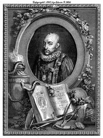 Engraved portrait of a man in Renaissance attire with a ruffled collar and a medallion necklace, set within an oval frame adorned with roses. Below the portrait, an open book titled "Le Sage Michel de Montaigne" rests against a decorative display that includes a burning torch labeled "L'ESPRIT," a crown emblem, a snake coiled around the book, and various objects such as a rolled scroll, a geometric instrument, and a laurel branch. The image is bordered with a patterned frame.